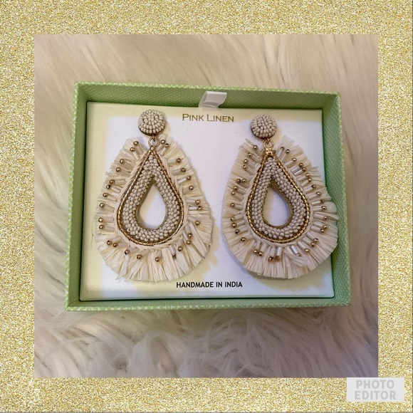 Pink Linen Jewelry - Pink Linen Raffia & Bead Earrings - New in Box